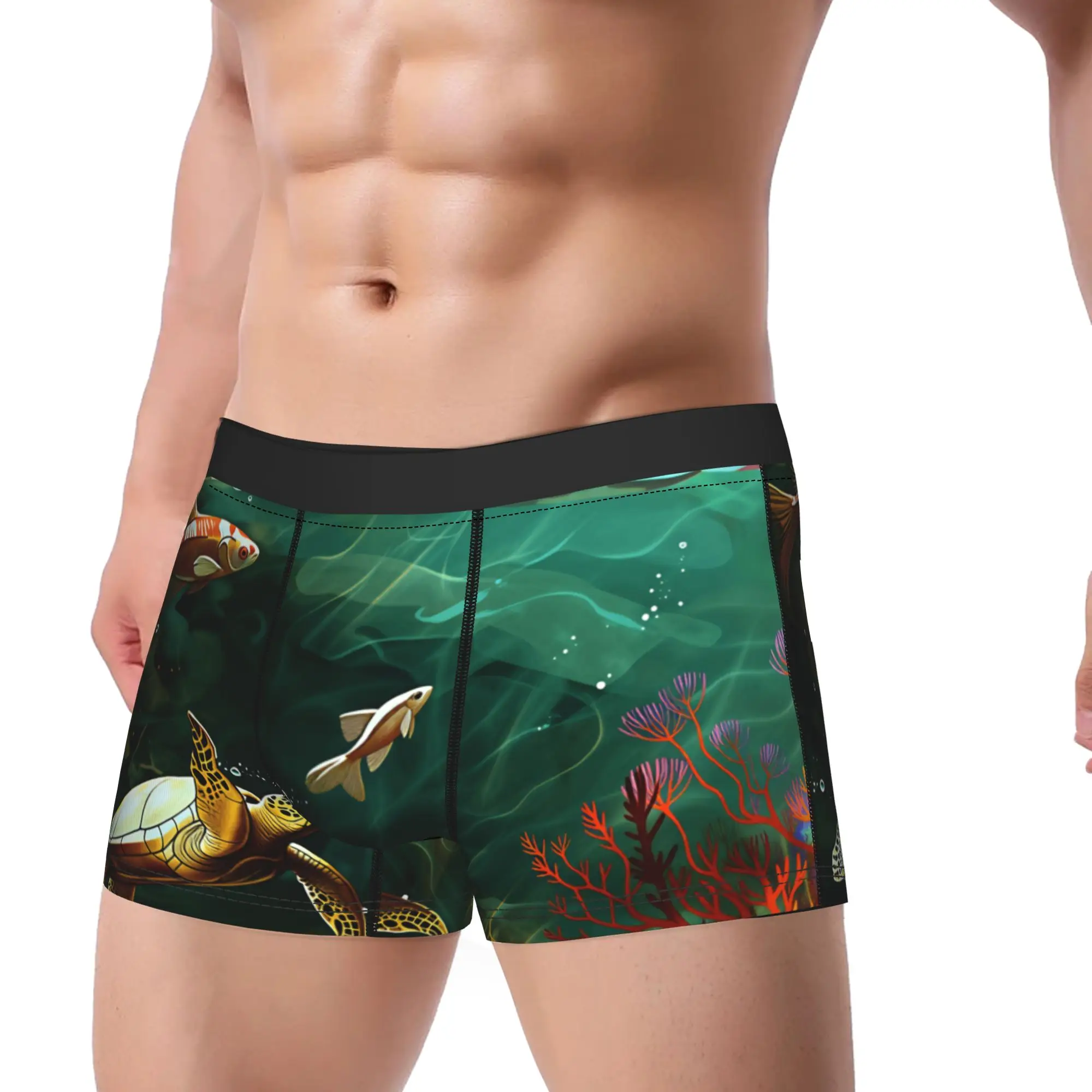 Golden Sea Turtle Red Coral Underwater Ocean Art Underwear  Funny Panties Pattern Boxer Brief For Man 3D Pouch Plus Size Trunk