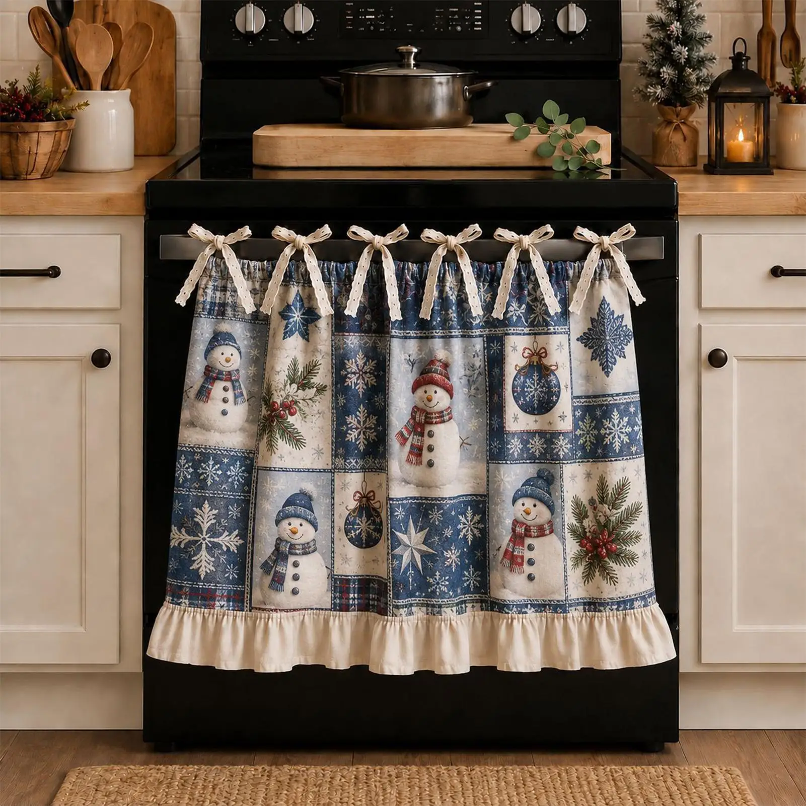Christmas Oven Skirtwith Ruffle Short Curtain Floral Print Oven Door Curtain Decorative Oven Curtain Cotton Blend Oven Skirt