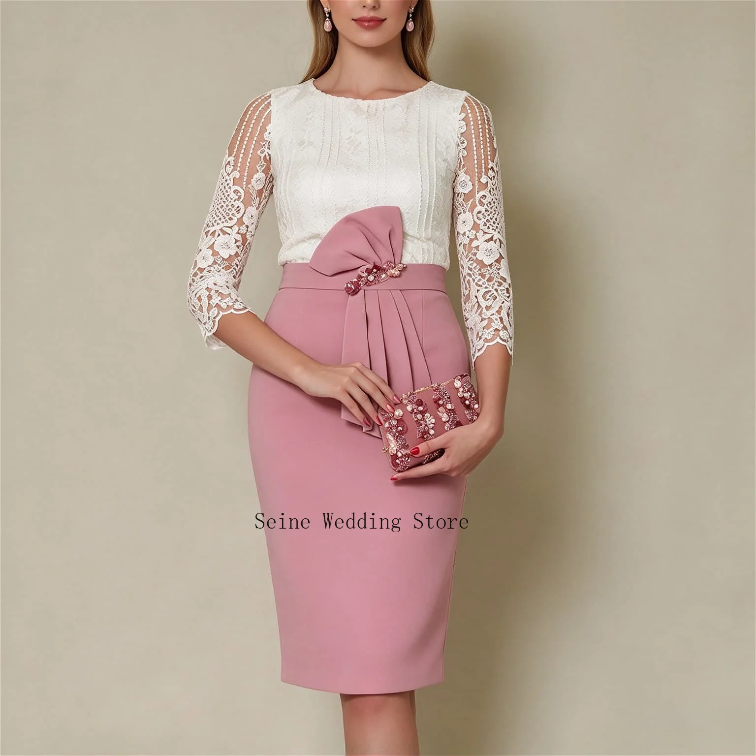 Customized Pink Mermaid Crepe Mother of The Bride Dress Floral Lace Applique Round Neck 3/4 Lace Sleeve Cocktail Party Dresses