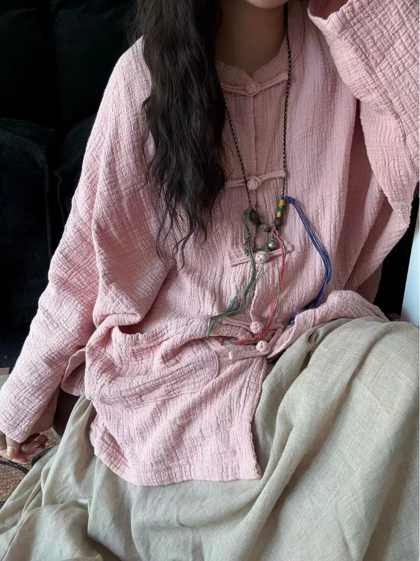 Chinese Style Tunic Shirt Pleated Pure Color Button up Cotton Linen Loose Fit Large Size Women's Minimalist Zen Style Top