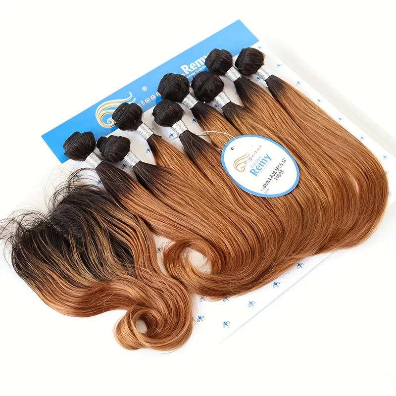 Short Ombre Human Hair Bundles with Closure 4x4  Brazilian Human Hair Weave 8Pcs Bouncy Curly Bundles With Closure Transparant
