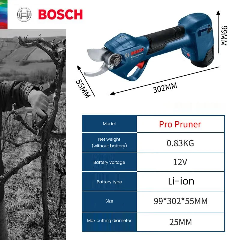 Bosch-tijeras de podar eléctricas Pro, 12V, sin escobillas, máx. 25mm, podadora de ramas de árbol, herramienta eléctrica de jardín