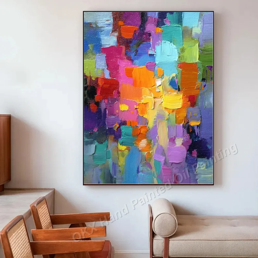 Vibrant Color Block Palette Knife Abstract 100% Handmade Oil Painting on Canvas Wall Art Decor for Living Room