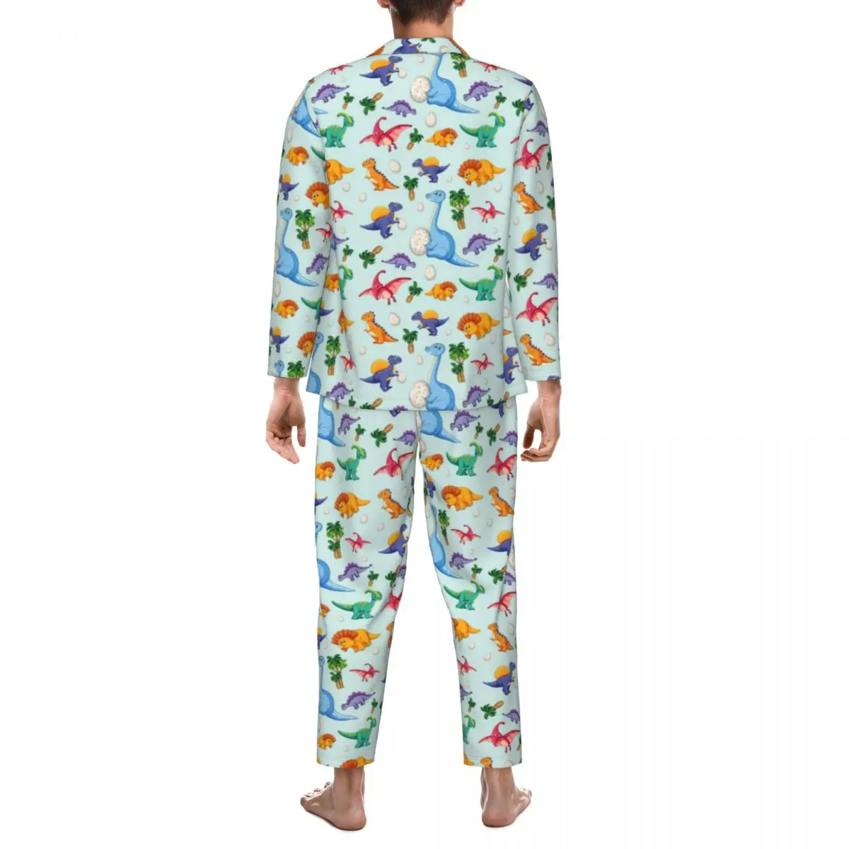 Colorful Cute Dinosaurs Pajamas Man Cartoon Dinos Jungle Lovely Leisure Nightwear Autumn 2 Pieces Oversized Design Pajama Sets