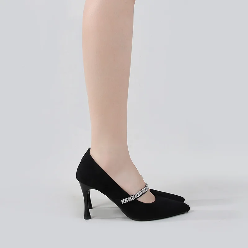 

2025 Spring Pointed Toe Crystal Strap High Heels Women Shoes Black Dress Office Designer Fashion Pumps Woman
