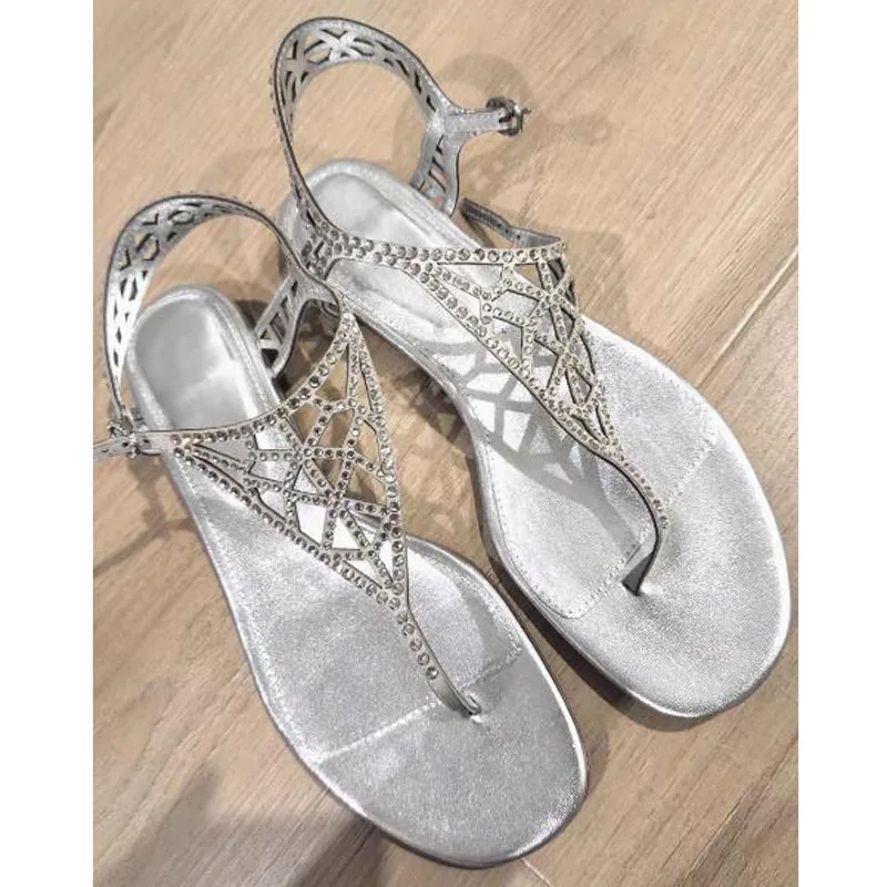 

Silver Bling Carved Rhinestone Web T-Strap Thong Toe Flats Summer Sandals Women Cutout comfortable Party Shoes