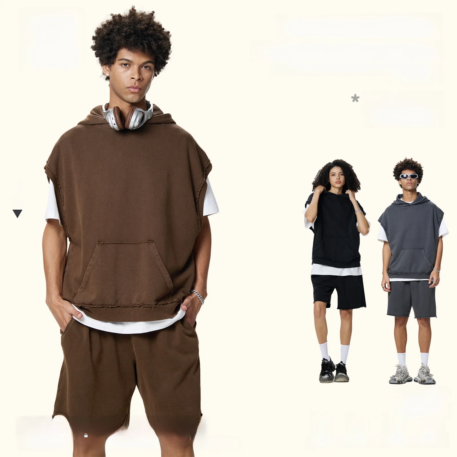 

Boxy Fit Waed Hoodie Svel Vest 350g Heavyweight Crossbody orts Set Men's Casual Sportswear Cotton Long Staple