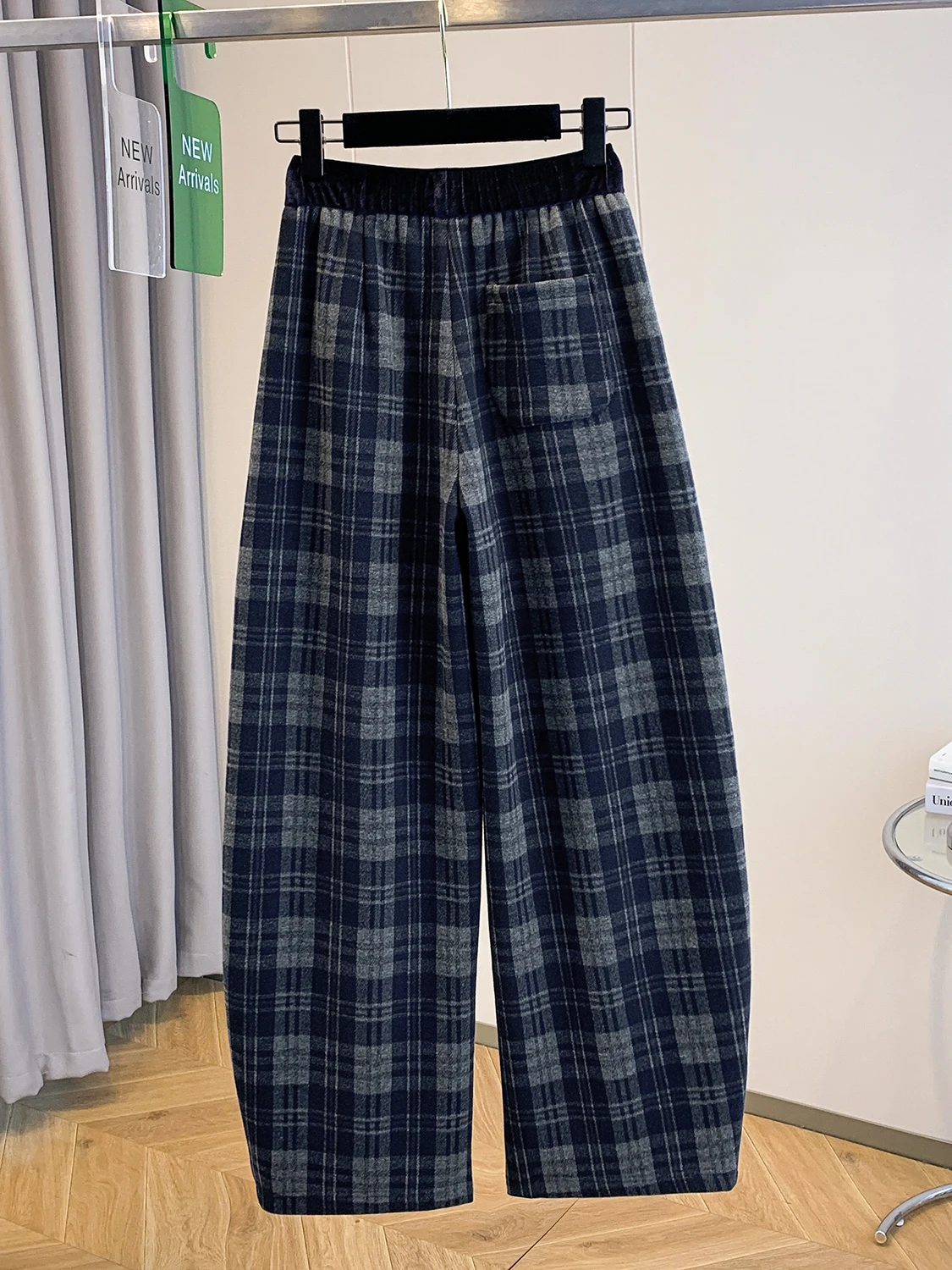 Authentieke herfst veelzijdige losse gebreide wijde pijpen broek dames retro kleur geweven geruite casual hoge taille elastisch