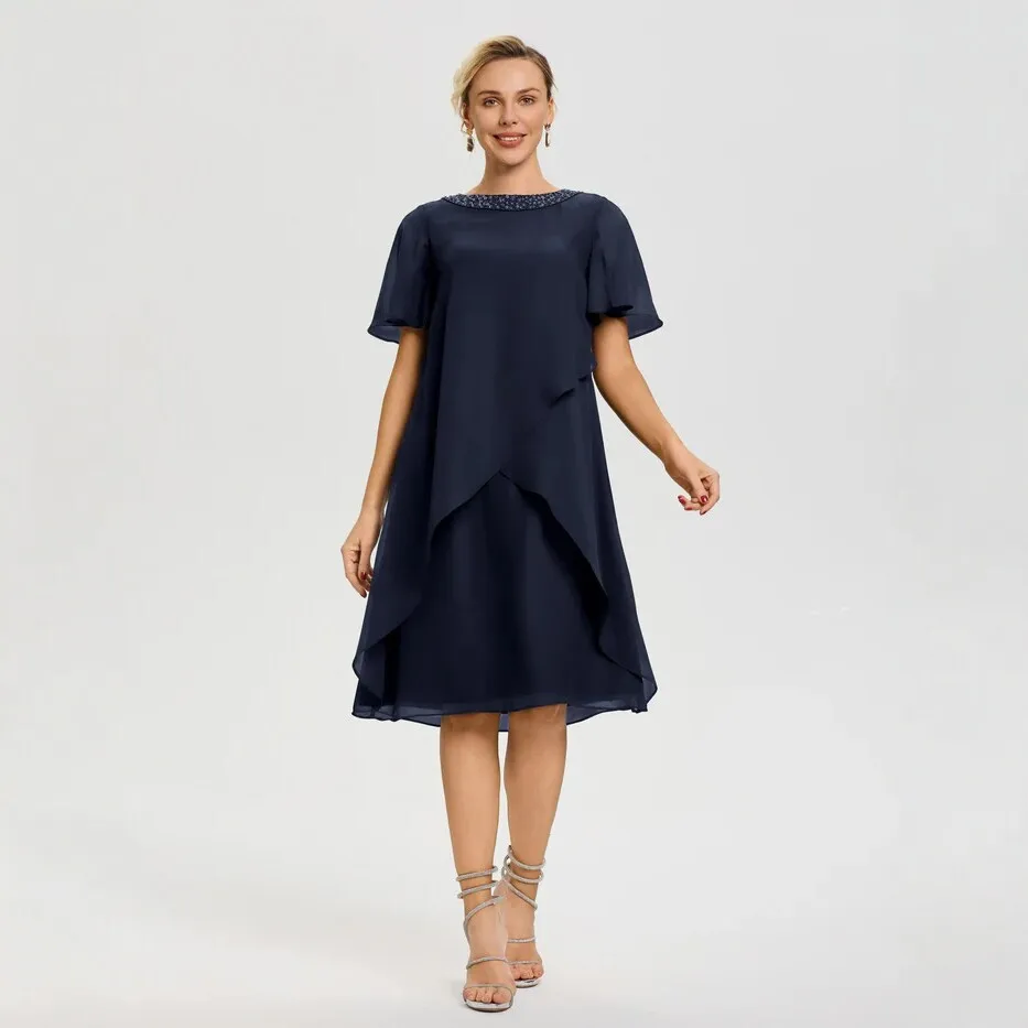 Elegant Party Dress Chiffon Round Neck Wedding Guest Dresses Beaded A Line Burgundy Evening Dress Asymmetrical Maxi Dress Navy