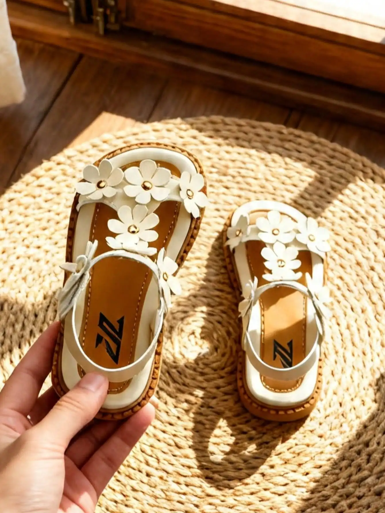 

Kids Cream Floral Sandals Woven Sole T-Strap Soft Summer Princess Footwear