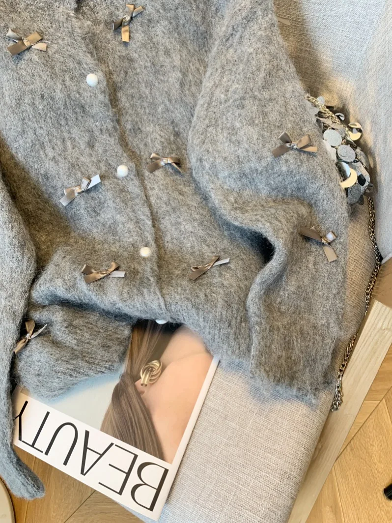 Korean Elegant Gray O-neck Single-breasted Imitation Mink Knitted Sweater 2024 Loose Soft Bow Cardigan Tops Women Autumn Winter