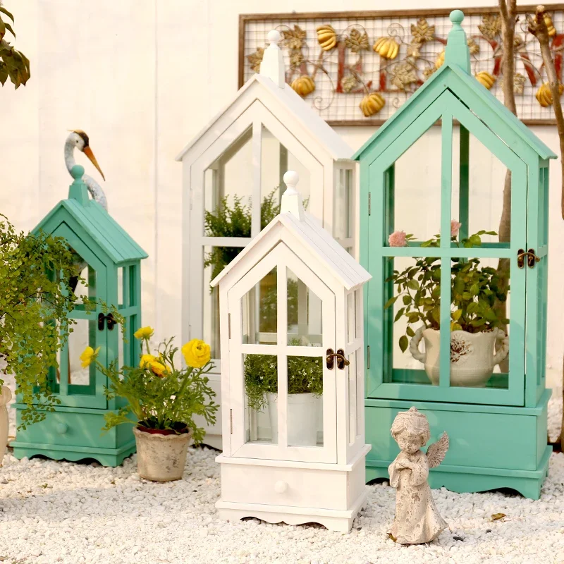 Solid wood glass greenhouse, cute decorative small house doll house small doll