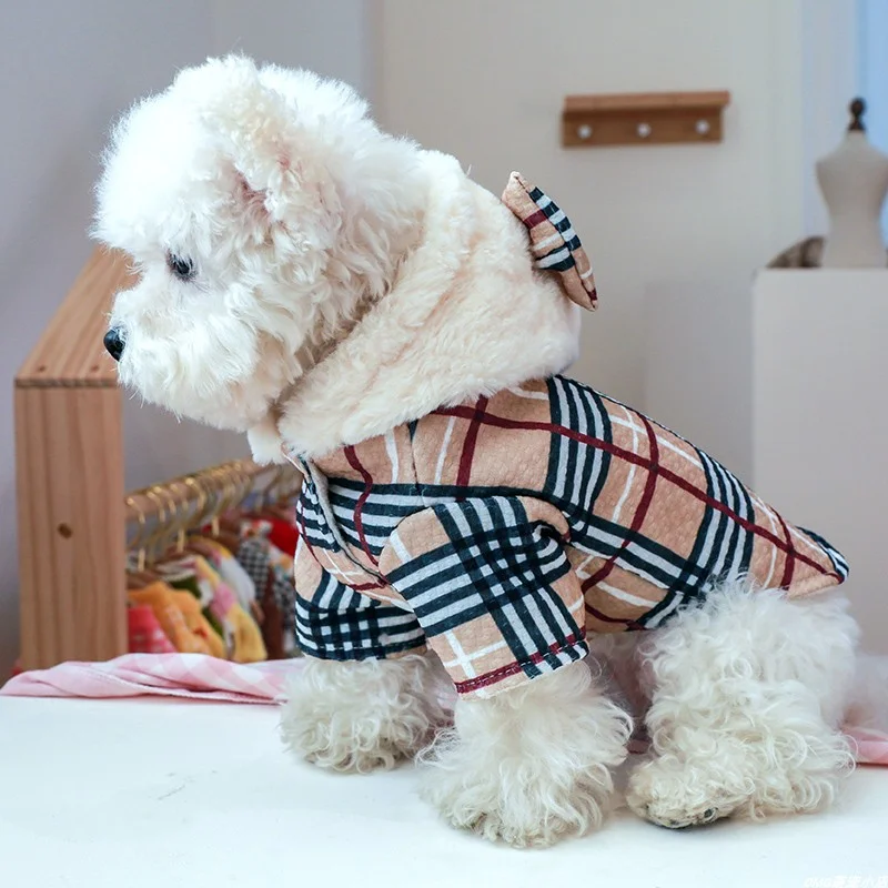 1PC pet clothing winter velvet thick bow coffee plaid cotton jacket suitable for small and medium-sized dogs