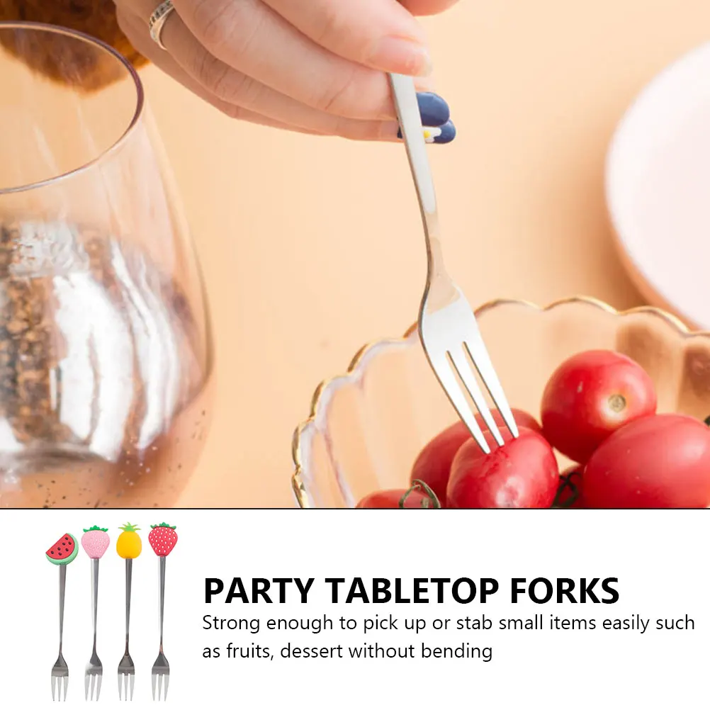 

4pcs Stainless Steel Fruit Forks Silicone Decorated Three Teeth Dessert Forks For Party Birthday Festival Snacks Cakes Salad