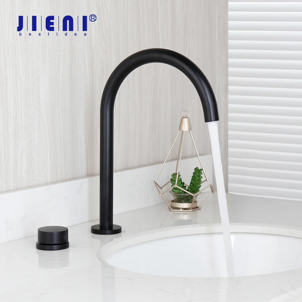 

JIENI латунный смеситель для ванной комнаты, матовый черный смеситель для горячей и холодной воды, одна ручка, поворотная кнопка, смеситель для умывальника на палубе