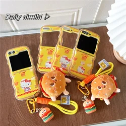 Kawaii Hello Kitty Hamburgers with Lanyard Phone Case for Samsung Galaxy Z Flip 3 4 Z Flip 5 6 5G PC Hard Anti-drop Back Cover