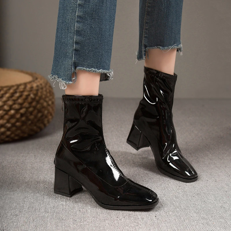 Brand Women Shoes 2023 New Black Patent Leather Fashion Square Toe Women\'s Boots  Thick Heel Ladies High Heel Ankle Boots