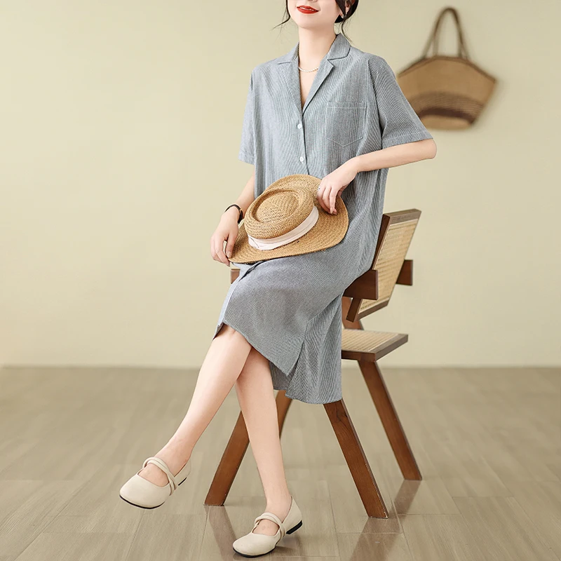 Vestido camisero de manga corta con botones para mujer, ropa informal a la moda, holgado, a rayas, longitud media, versión coreana, novedad de verano