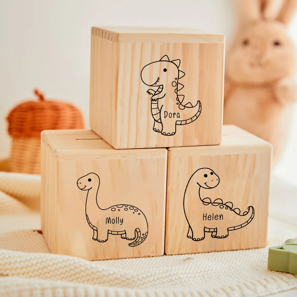 Personalized Children's Money Box Wooden Cute Dinosaur Piggy Bank with Name Baptism Gift New Baby Gifts Wooden Money Box