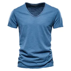 Summer 100% Cotton Men T-shirt V-Neck Short Sleeve Soild Slim Fit T-shirts Male Tops Tees Homme Quality TShirt For Men 5XL