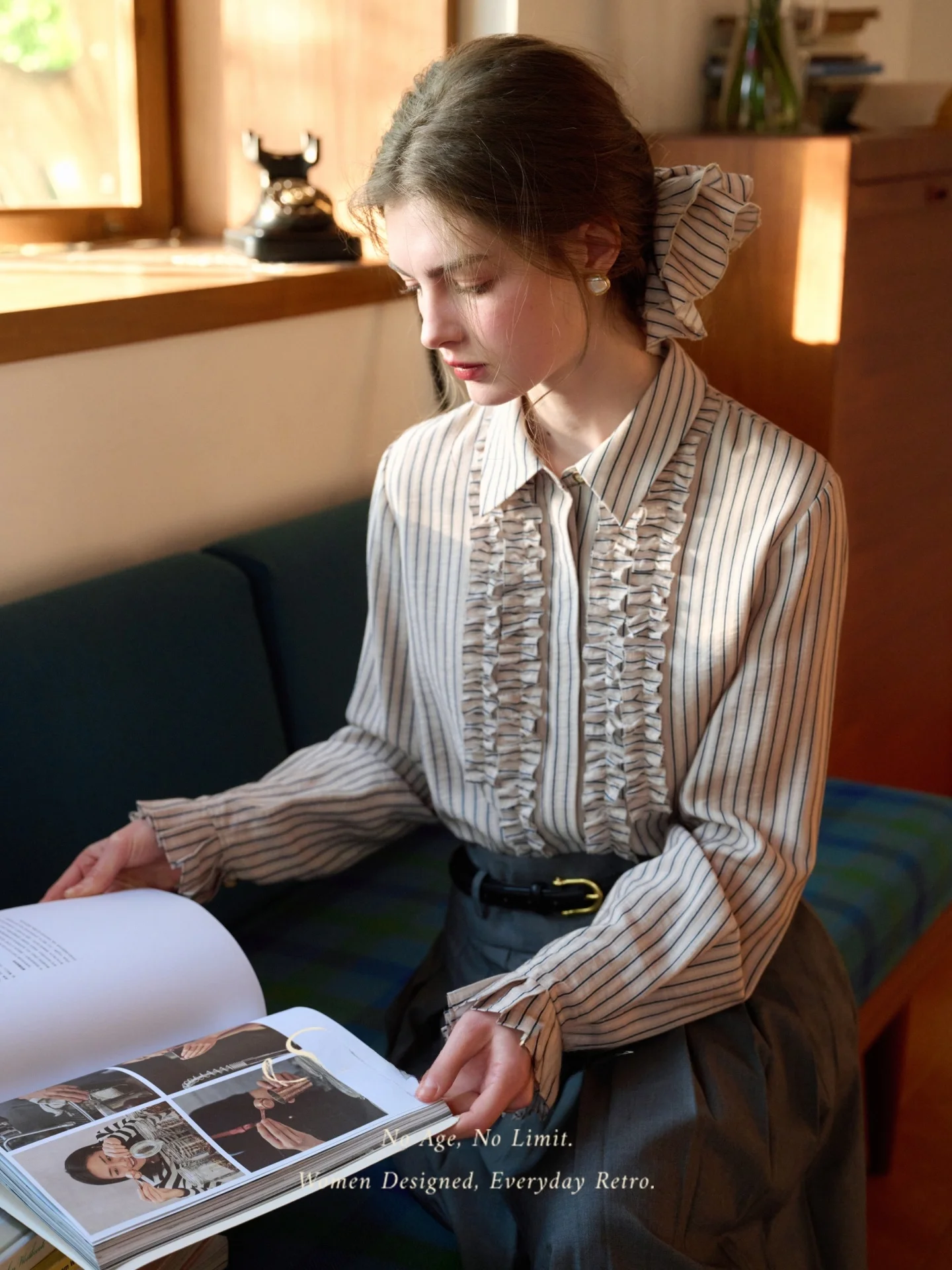 

SimpleRetro Duleli Garden Antique Linen Stripe irt Women's Commute Long Sve Top French Sle Loose Fit Rayon Nylon Blend