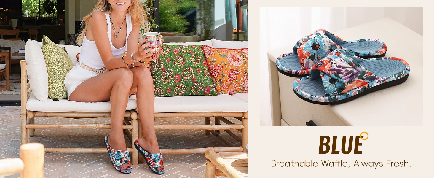 Shevalues Sommer-Hausschuhe für Damen mit Fußgewölbestütze, atmungsaktive Waffel-Baumwoll-Innenschuhe, offene Zehenpartie, Slip-On-Hausschuhe. – Detail 7