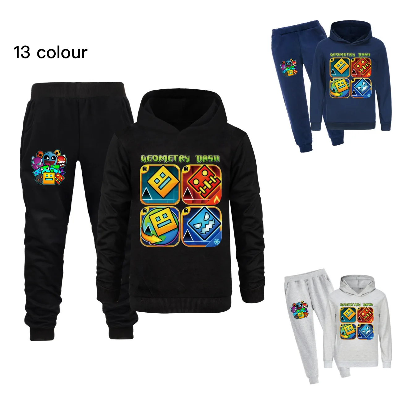 

New Game Geometry Dash Clothes Kids Boutique Clothes Girls Hood Sweater Pants 2pcs Set Boys Cartoon Tracksuits Children's Sets