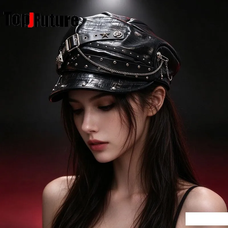 Original High-end Texture Heavy-duty Rivet Chain Leather Beret For Women Street Face Slimming Punk Niche Design Painter Hat