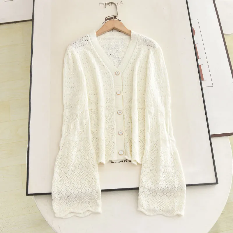 

Открытый кардиган Ele Long Sve абрикосового цвета с ажурным дизайном. Универсальный женский трикотажный топ осень 202.