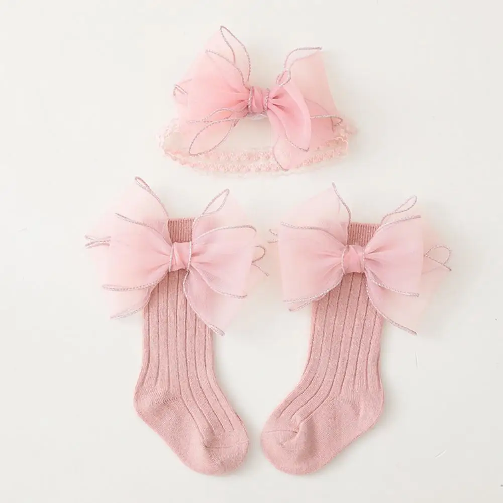 Baby Socks Bow-knot Daily Wear High Elastic Lace Toddler Socks with Hairband Party Supplies