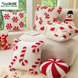 Christmas Pillowcase Christmas Hat Cane Pattern Hidden Zipper 3D Plush Pillowcase New Year's and Christmas Decoration