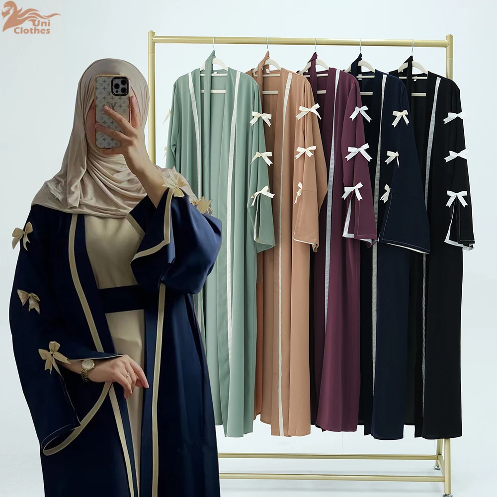 

Modest Muslim Women's Abaya Dress Solid Color Bow Sleeve Open Front Cardigan Islamic Dubai Style Holiday Outfit Turkey Long Robe