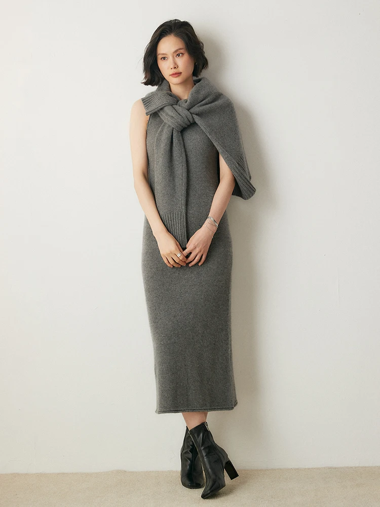 Autumn Winter Women's 100% Cashmere Vest Dress Simple Style Long Office Lady Cashmere Knitted Sleeveless Sweater Dresses Tops