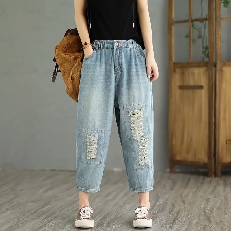 Women's Vintage Washed Ripped Jeans Summer Plus Size Loose Fit Harem Pants Nine Points Thin Denim Trousers for Curvy Ladies