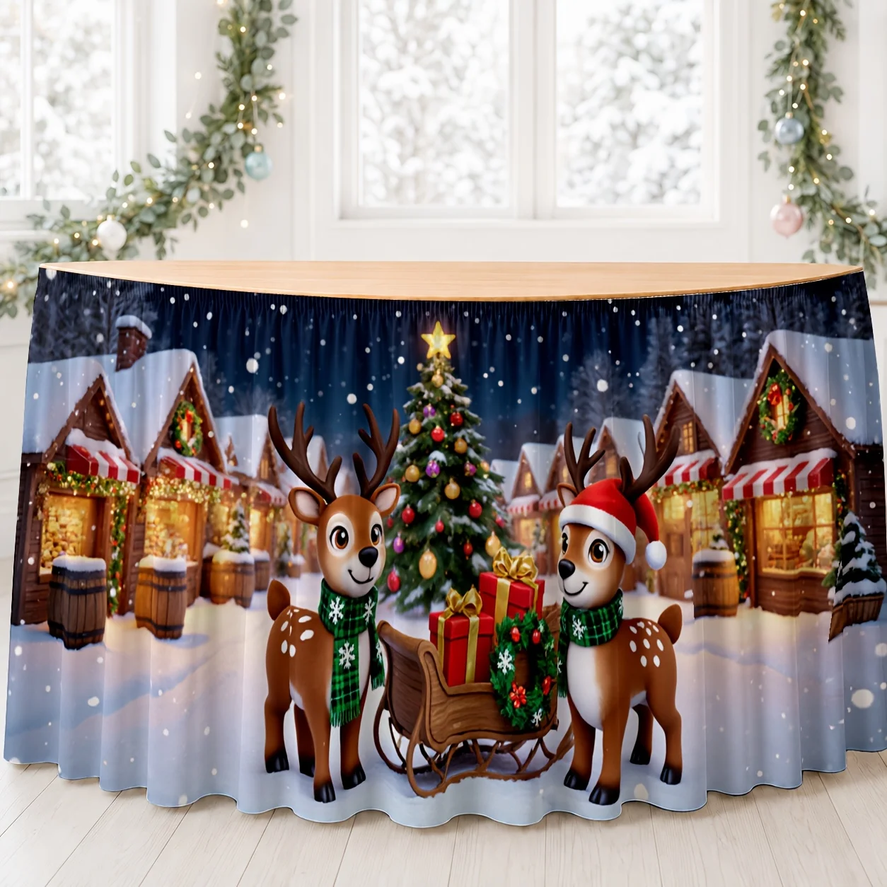 tableskirt - winter - Christmas - celebration - atmosphere - warm - snow scenery - wooden house - deer - Christmas tree - gift