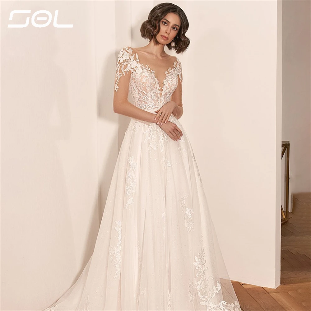 SOL elegan gaun pernikahan renda applique lengan Tulle Panjang leher V gaun pengantin panjang selantai A-Line sederhana gaun pengantin Vestidos De Novia