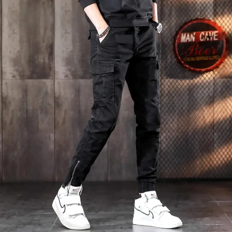 Men’s Light Luxury Outdoors Sports Cargo Pants,Wear-proof Harem Style Denim Pants,Slim Fit Multi-pockets Trendy Casual Pants;