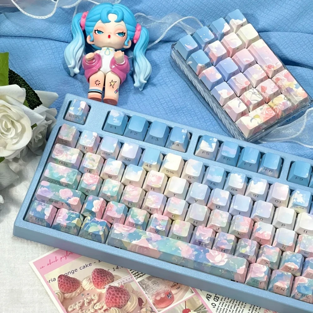 Rose Garden Keycap Cherry Profile Dreamy Blue Pink Gradient PBT Keycaps Antique Oil Painting Style Side Engraved Keyboard Caps