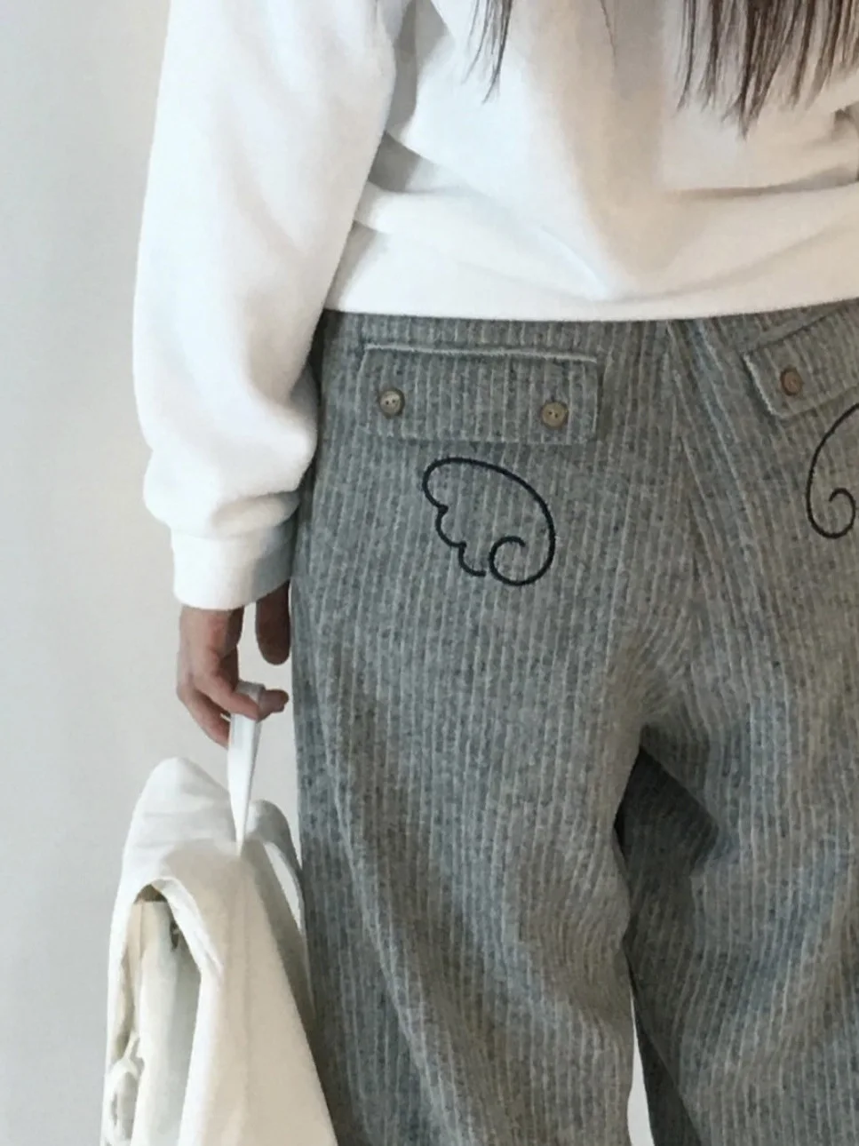 

Loose Straight Leg Pants Vertical Stripe Embroidery Waist Cord Drawstring Casual Trousers Korean Style Cotton Ladies Pants