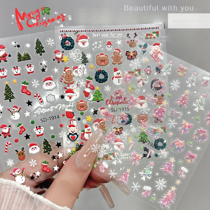 

Christmas Nail Stickers 3D Relief Winter Snowflake Bear Nail Sticker For Women And Girl Santa Claus Nail Sticker Art Decorstion