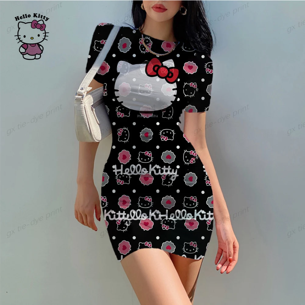 Hello Kitty Print Woman Dresses Elegant Dress Office Tight Slim Lady O Neck Summer Casual Cartoon 3D print Mini Dress Vestidos