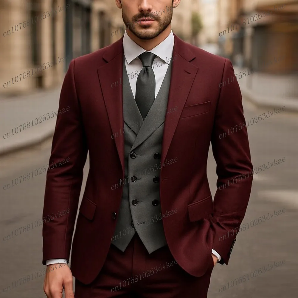 

Бордовый и серый мужской костюм для свадебной вечеринки, формальный жених, жених, выпускного вечера, деловые мужские смокинги, комплект из 3 предметов, куртка, жилет, брюки