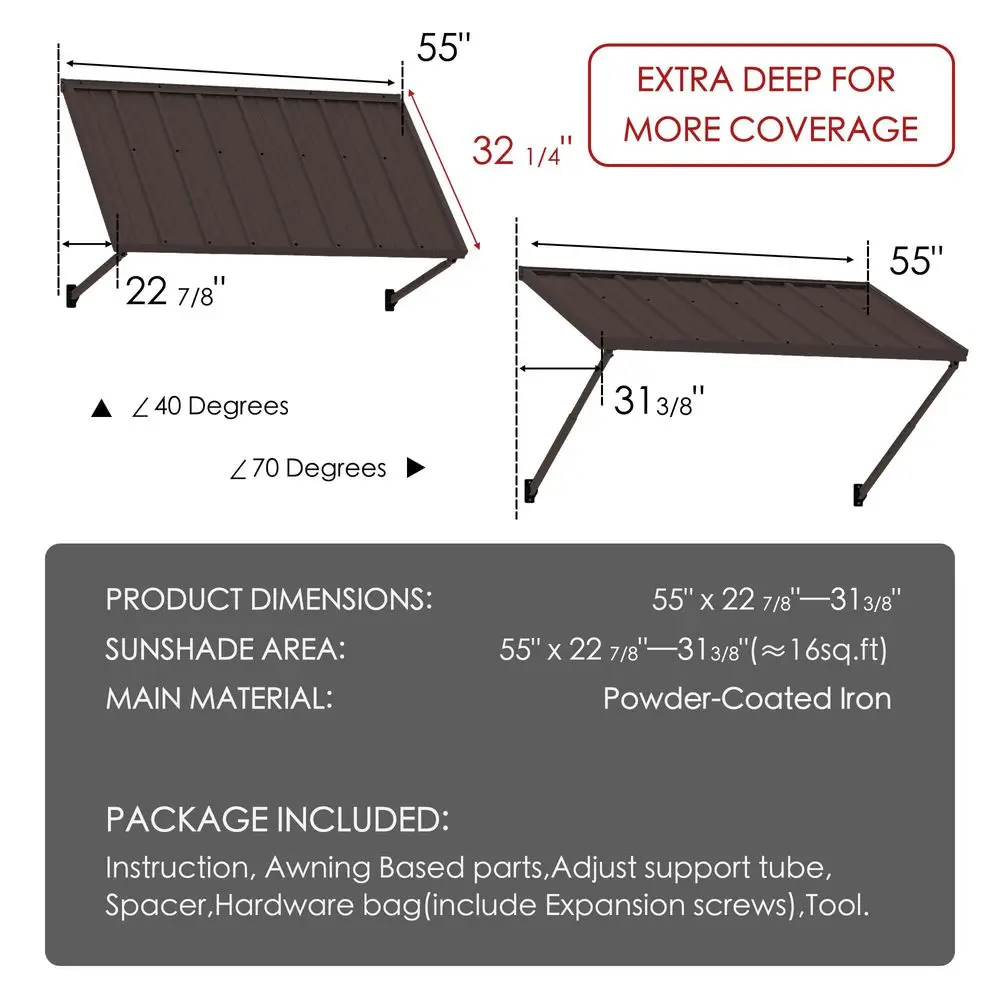 Adjustable Door Window Awning 4Level Tilt, 55W32 Sloped Panel