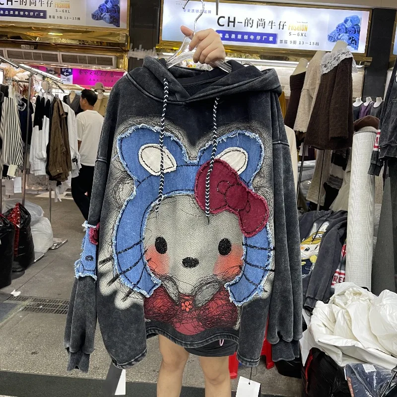 Heavy Industry Patchwork Cartoon Washed Vintage Hoodie Autumn New Loose Slimming Versatile Pullover Top Long-sleeves Sweatshirts