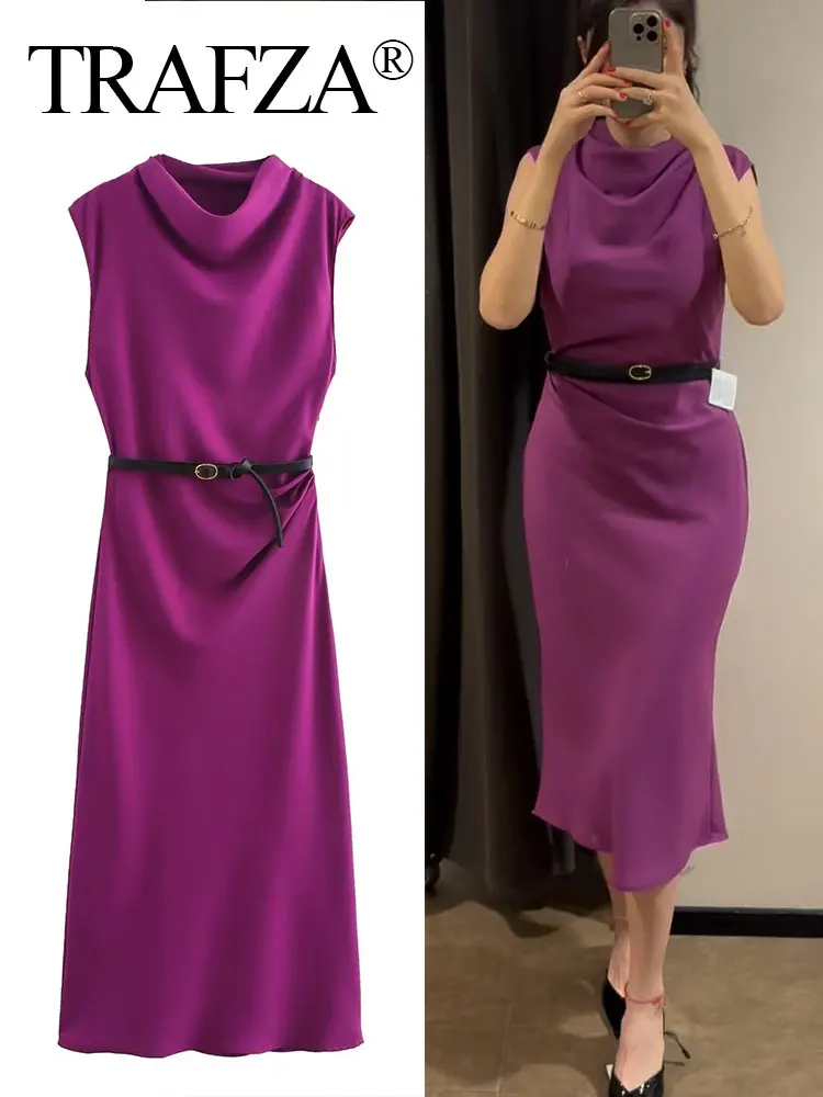 TRAFZA Autumn Women' Fashion Solid Sleeveless O Neck Slim Long Dresses Female With Belt Chic Elegant Versatile Woman Dress