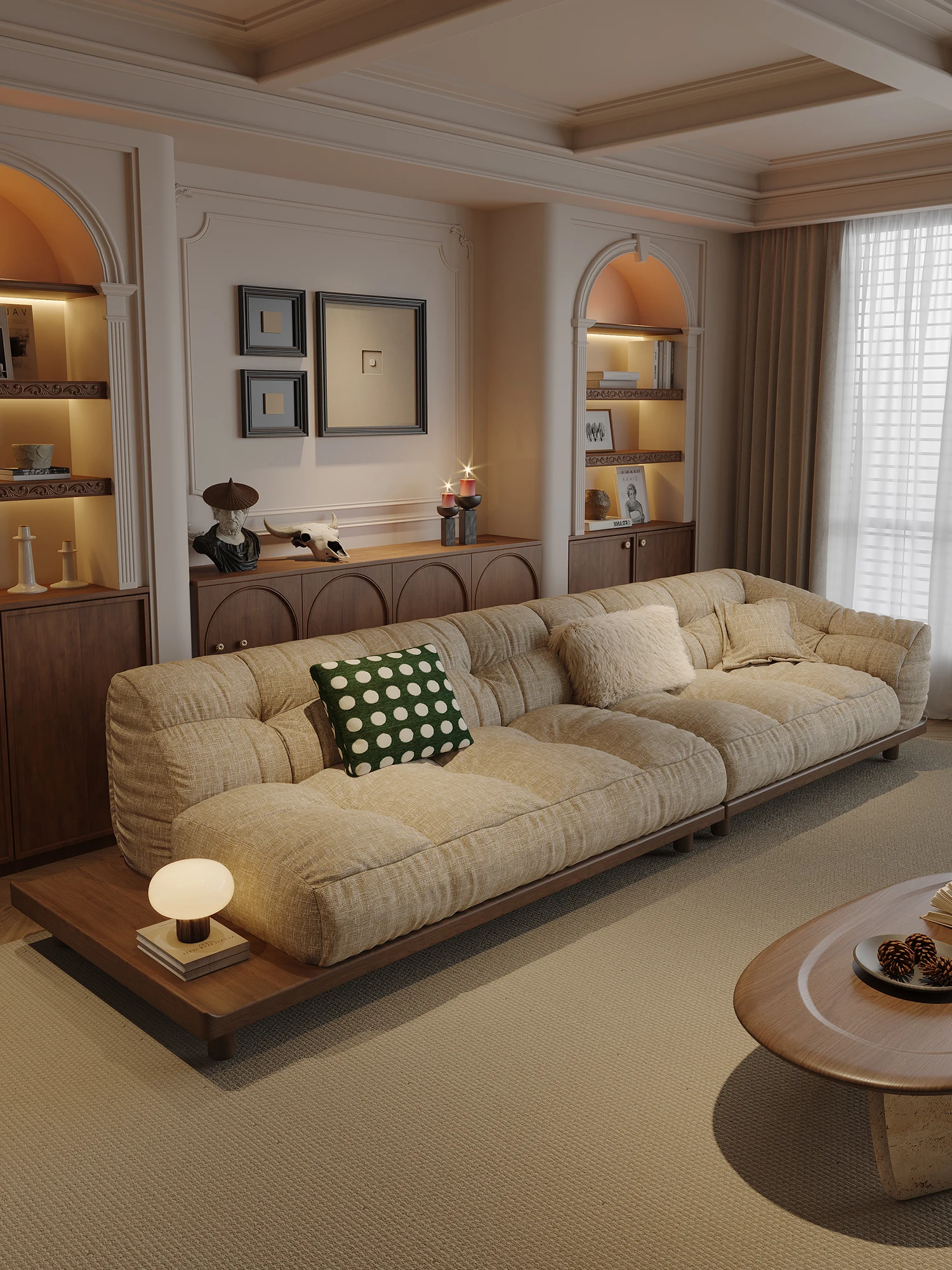 Taupe Tufted Chenille Extra Long Modular Sofa With Wooden Platform Base Built In Side Table For Living Room Villa Bedroom