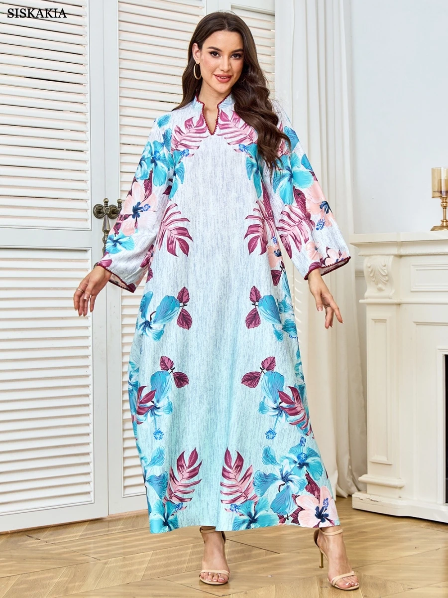 Siskakia Fashion Muslim Elegant Floral Print Abaya Dubai Moroccan Women Clothes 2025