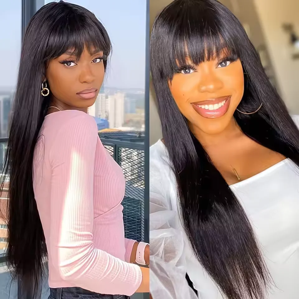 

Brazilian Remy Hair Full Machine Made Straight 100% Human Hair Wigs With Bangs For Black Women Cheap Wig On Sale Clearance