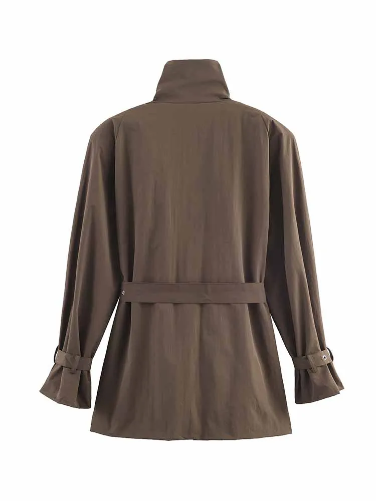 HH Woman Spring Fashion Long Sleeves Stand Collar Double Breasted Belt Decoration Loose Windbreaker Female Keep Warm Jacket