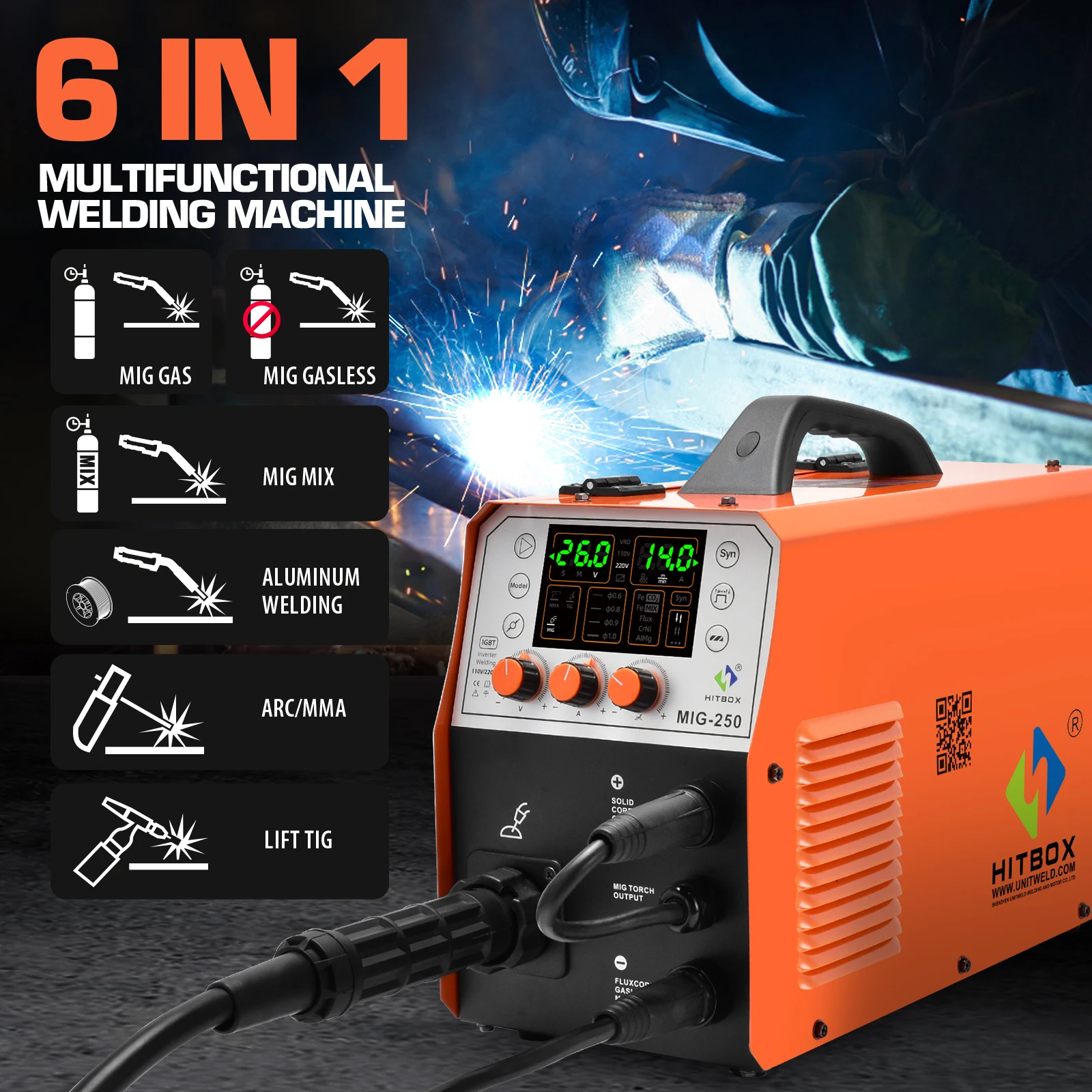 HITBOX MIG Welding Machine MIG250 6 in 1 Digital Display 220V MIG Gasless/ARC/Lift TIG/Gas CO2 2T/4T Welders